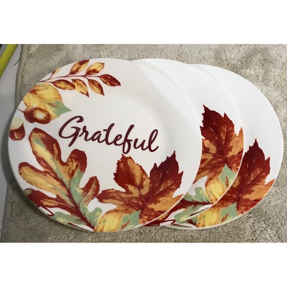 Set Of 6 Fall-Themed Grateful" Dinner Plates With Leaf Design 10.5 Inches Diamet - Picture 4 of 8